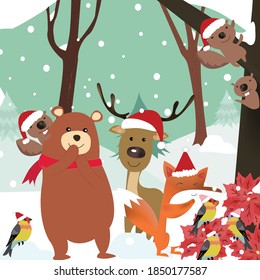 Cute animal on christmas day,winter forest ,illustration vector doodle comic art.