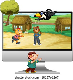 Cute animal on computer background illustration