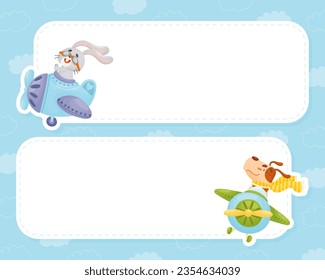 Cute Animal on Plane Flying in the Air Empty Frame Design Vector Template