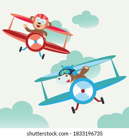 Cute animal on plane in sky.Funny pilots. Vector illustration for t-shirt print.