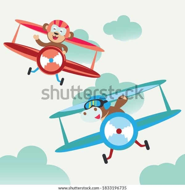 Cute animal on plane in sky.Funny pilots.\
Vector illustration for t-shirt\
print.
