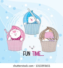 Cute animal on pup cake. Hand drawn vector illustration. - Vector