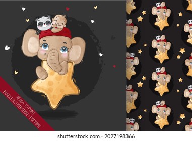 Cute animal on the star seamless pattern: can be used for cards, invitations, baby shower, posters; with white isolated background

