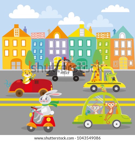 Cute animal on transport in city. Street.Vector illustration