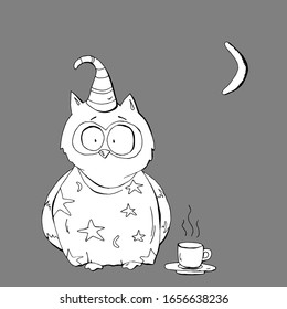 Cute animal owl with of coffee under the moon for coloring book cartoon hand drawn vector illustration. Can be used for t-shirt print, kids wear fashion design, baby shower invitation card