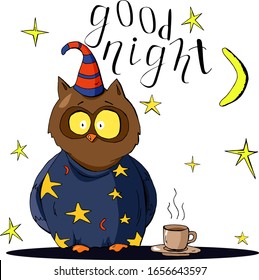 Cute animal owl with of coffee under the moon and stars, lettering night, cartoon hand drawn vector illustration. Can be used for t-shirt print, kids wear fashion design, baby shower invitation card