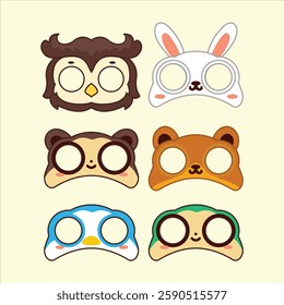 Cute animal owl, rabbit, bear,penguin, frog birthday mask cartoon illustration