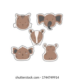 cute animal pack hand drawn cat elephant mouse koala tapir black brown