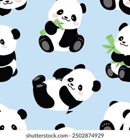 Cute Animal Panda characters seamless pattern. Hand drawn wild animal cartoon design of panda in different pose, bamboo, sitting, sleeping. Adorable bear mascot illustration for fabric, packaging.