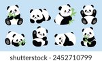 Cute Animal Panda characters set. Hand drawn wild animal cartoon design of panda in different pose, bamboo, sitting, sleeping. Adorable bear mascot illustration for sticker, clipart, education.