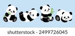 Cute Animal Panda characters set. Hand drawn wild animal cartoon design of panda in different pose, bamboo, sitting, sleeping. Adorable bear mascot illustration for sticker, clipart, education.	