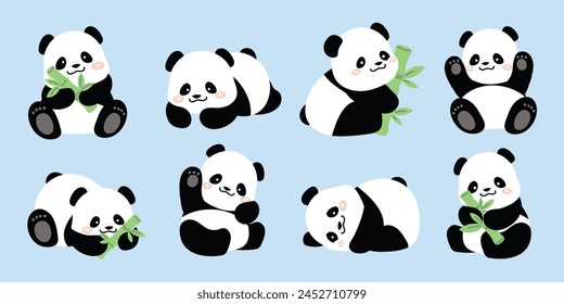 Cute Animal Panda characters set. Hand drawn wild animal cartoon design of panda in different pose, bamboo, sitting, sleeping. Adorable bear mascot illustration for sticker, clipart, education.