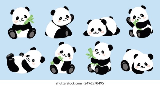 Cute Animal Panda characters set. Hand drawn wild animal cartoon design of panda in different pose, bamboo, sitting, sleeping. Adorable bear mascot illustration for sticker, clipart, education.	