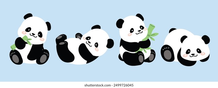 Cute Animal Panda characters set. Hand drawn wild animal cartoon design of panda in different pose, bamboo, sitting, sleeping. Adorable bear mascot illustration for sticker, clipart, education.	