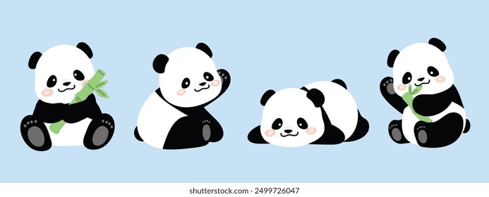 Cute Animal Panda characters set. Hand drawn wild animal cartoon design of panda in different pose, bamboo, sitting, sleeping. Adorable bear mascot illustration for sticker, clipart, education.	