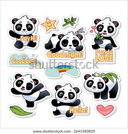 Cute Animal Panda characters set. Hand drawn wild animal cartoon design of panda in different pose, bamboo, sitting, sleeping. Adorable bear mascot illustration for sticker, clipart, education. 92