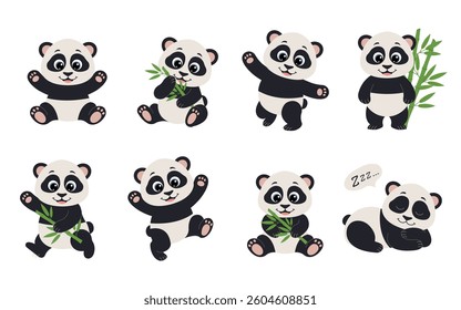 Cute animal panda set characters. Panda with bamboo in various poses. Panda running, standing, jumping and sleeping. Forest wild animals.
