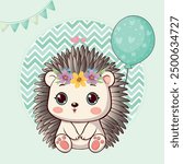 Cute animal paper of forest porcupine with flowers