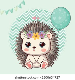 Cute animal paper of forest porcupine with flowers