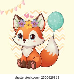 Cute animal paper of fox forest with flowers