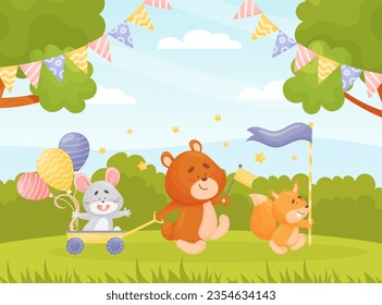 Cute Animal Parade with Flag and Balloon Vector Illustration