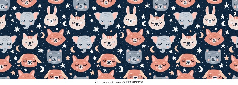 Cute animal pattern with adorable bear, rabbit, and fox faces. Seamless baby design with cartoon characters perfect for children's wallpaper and whimsical decor, kids' pajamas, and textiles.