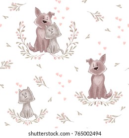 Cute animal pattern. Cat and dog couple, flower and hearts. Ornament for kids print and baby fabric, wallpaper and textile. Wrapping paper Valentane day, wedding and ronatic gift.