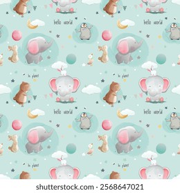 Cute animal pattern with "Hello World" and "Hi Planet" text on a light teal background.