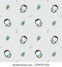 Patrón animal lindo sin fisuras pequeño pingüino con el árbol de fondo y la nieve