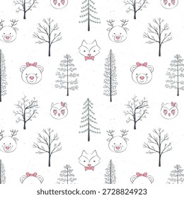 Lindo patrón animal. Animales de dibujos animados de invierno. Uso para impresiones, textiles, tela, Fondo de pantalla, papelería, vivero, envoltura
