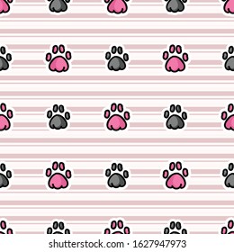 Cute animal paw pad seamless vector pattern. Hand drawn red stripe foot track background. Dog, kitten, cat, wildlife home decor. Fauna footprint all over print. 