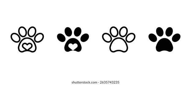 Cute Animal Paw Print Icon Set – Dog and Cat Footprint Vector Symbols for Pet Logo, Cartoon Design, Web, and Print