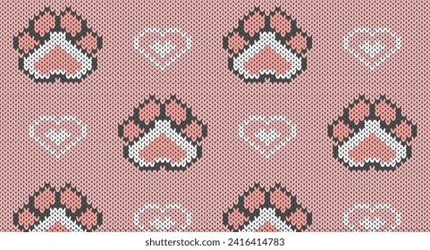 Cute animal paw prints and heart knitted pattern, Festive Sweater Design. Seamless Knitted Pattern