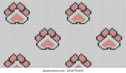 Cute animal paw prints knitted pattern, Festive Sweater Design. Seamless Knitted Pattern
