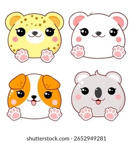 Animal bonito com suas patas esticadas para a frente. Coleção de bebês de avatar com coala, leopardo, urso polar, cachorrinho. Doce conjunto de filhotes. Pode ser usado para impressão de camiseta, adesivos. Vetor EPS8