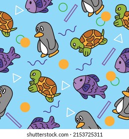 Cute Animal Penguin Turtle and Fish Seamless Pattern doodle for Kids and baby