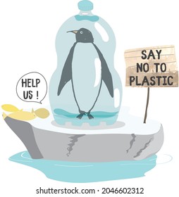 cute animal penguin vector illustration with say no to plastic slogan