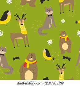 Cute Animal Personages, Wolf Wearing Bowtie Sitting Still. Deer With Closed Eyes, Bullfinch Bird And Decorative Snowflakes Ornament. Vector In Flat Style, Seamless Pattern, Background Or Wallpaper