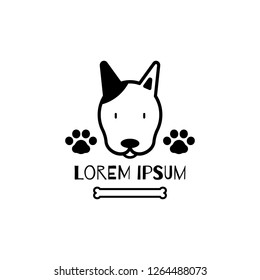 the cute animal pet bull terrier dog head with paw and bone logo label in white background,flat vector illustration cartoon design,isolated