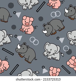 Cute Animal Pig Elephant Rhino Seamless Pattern doodle for Kids and baby