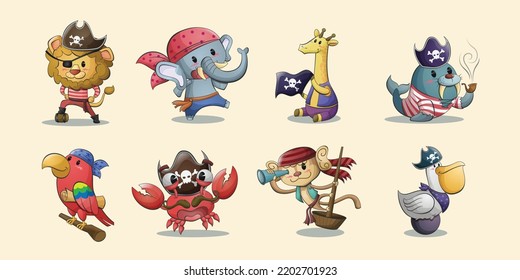 Cute animal pirate cartoon hand drawn characters collection illustration