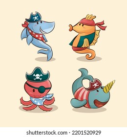 Cute animal pirate characters cartoon illustration set