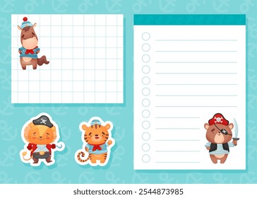 Cute Animal Pirate and Sea Robber Empty Note Card Vector Template