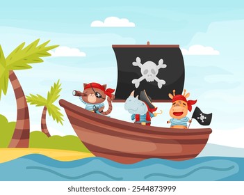 Cute Animal Pirate and Sea Robber Sail Ship Vector Illustration