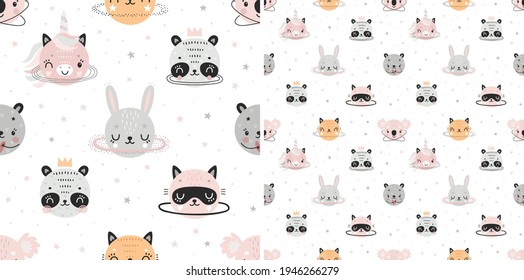 Cute Animal planets, childish seamless hand drawn pattern. Space Dreams digital paper with panda, bunny, kitten. Vector illustration.