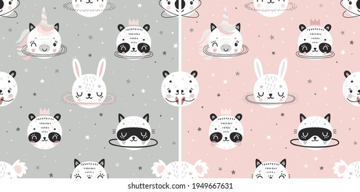 Cute Animal planets, childish seamless hand drawn pattern. Space Dreams digital paper with panda, bunny, kitten. Vector illustration.