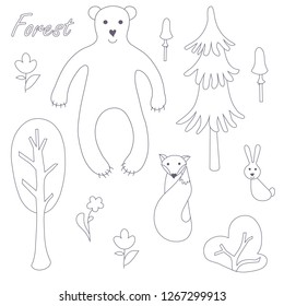 Cute animal and plant forest vector monochrome characters set. Sketch fox, rabbit, hare, bear, fir tree, flowers, mushroom in black and white. Forest animal doodle drawing. Isolated scandinavian carto