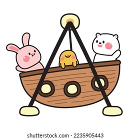 Cute animal playing on viking ride carnival on white background.Amusement park concept.Rabbit,chicken,bear hand drawn.Fun.Play time.Kawaii.Vector.Illustration.