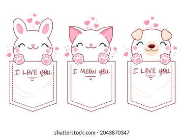 Cute animal in pocket set. Baby collection of kawaii cat, puppy and bunny in pockets. Childish print with funny little dog, kitty and rabbit for t-shirt design. Vector illustration EPS 8 