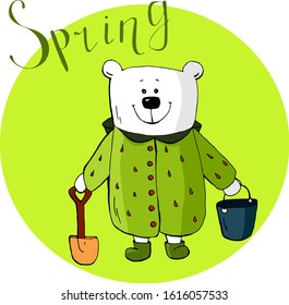 Cute animal polar bear in raincoat with a bucket, lettering spring, cartoon hand drawn vector illustration. Can be used for t-shirt print, kids wear fashion design, baby shower invitation card